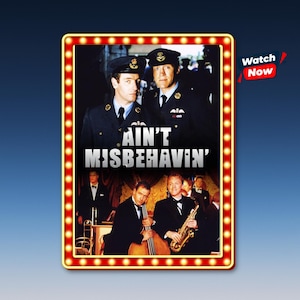 Puede incluir: Un cartel de la película "Ain't Misbehavin'" con dos grupos de actores. La imagen superior muestra a dos hombres con uniformes militares. La imagen inferior muestra una banda de jazz. El cartel está enmarcado con un borde rojo con luces y un botón "Ver ahora".