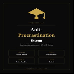 Può includere: Una grafica digitale nera con testo dorato e un'icona di un tocco di laurea. Recita: STUDENTSHIELD Anti-Procrastination System. Organize your entire study life with Notion. Includes 5 Notion modules, Result Organized study, Format Notion Template, Access Instant, ORGANIZE LEARN GROW.