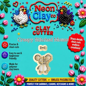 May include: A beige plastic clay cutter shaped like a stitched mouse with a bow accessory. The teal background features the text Neon Clay Co, Clay Cutter, Creepy Stitched Mouse, and lists features like precise cuts, easy to use, and polymer clay compatibility.