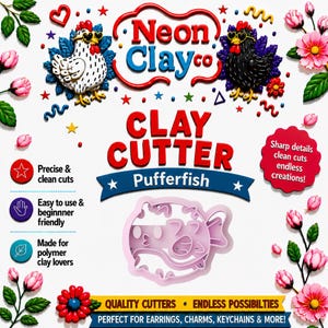 May include: A light pink pufferfish-shaped clay cutter centered on a white background. The text reads Neon Clay Co, CLAY CUTTER, Pufferfish, Precise & clean cuts, Easy to use & beginner friendly, Made for polymer clay lovers, and Quality cutters.