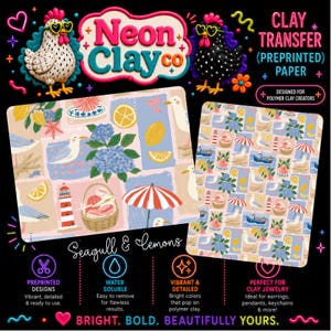 Seagulls & Lemons Polymer Clay Transfer Paper | Coastal Summer Transfer Sheet | Water Soluble Paper for Clay Earrings A6