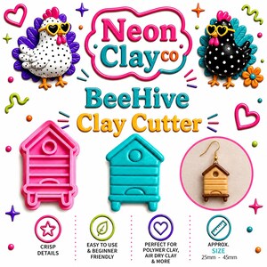 May include: Promotional image for Neon Clay Co. featuring a pink and teal beehive clay cutter. The image includes cartoon chickens wearing sunglasses, a clay earring, and text that reads "BeeHive Clay Cutter". The size is approximately 2.5cm to 4.5cm.