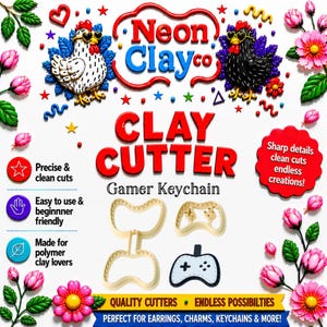 May include: A set of beige plastic clay cutters for gamer keychains, featuring controller shapes. The image includes text: Neon Clay co, CLAY CUTTER, Gamer Keychain, Precise & clean cuts, Easy to use & beginner friendly, Made for polymer clay lovers.