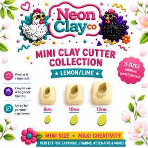 May include: An advertisement for Neon Clay Co.'s mini clay cutter collection. The image shows three square cutters in 8mm, 10mm, and 12mm sizes, with lemon/lime shapes. The text reads "Mini Clay Cutter Collection" and "Perfect for earrings, charms, keychains & more!"