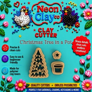 May include: A tan plastic clay cutter set featuring a Christmas tree shape with garland details, a small star, and a pot shape. The set is displayed on a bright turquoise background with text including Neon Clay Co, Clay Cutter, and Christmas Tree in a Pot.