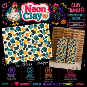 May include: A sheet of preprinted clay transfer paper featuring a sea glass terrazzo pattern with teal, yellow, and white stone shapes. The set includes two long, arched polymer clay earrings displaying the same colorful stone-like design.