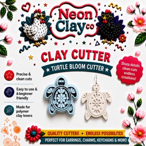 May include: A white background features a clay cutter set with the text "Neon Clay Co" and "Clay Cutter". The set includes a blue turtle-shaped cutter and a beige turtle-shaped cutter. The text "Turtle Bloom Cutter" is also present. The image also includes text that says "Quality Cutters" and "Perfect for earrings, charms, keychains & more!"