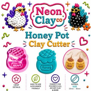 May include: A colourful image featuring clay cutters and earrings. The design includes a pink honey pot cutter, a turquoise honey pot cutter, and two honey pot earrings. The text "Neon Clay Co" and "Honey Pot Clay Cutter" are displayed. The earrings are approximately 2.5cm in size.