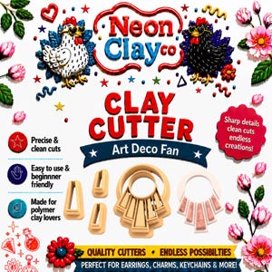 May include: A set of beige polymer clay cutters for an Art Deco fan design, including a large fan-shaped cutter and three smaller trapezoidal cutters. The display features the text Neon Clay Co, CLAY CUTTER, and Art Deco Fan with floral accents.