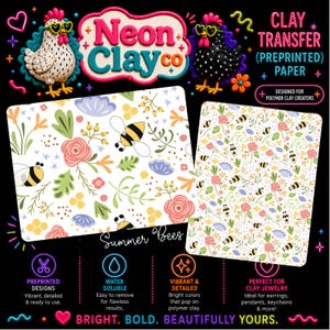 Bee Polymer Clay Transfer Paper A6 | Floral Bee Clay Transfer Sheet | Summer Insect Polymer Clay Design for Earrings & Jewellery Making
