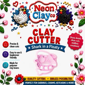 May include: A pink shark in a floaty clay cutter centered on a white background. The text reads Neon Clay Co, CLAY CUTTER, Shark in a Floaty, Precise & clean cuts, Easy to use & beginner friendly, Made for polymer clay lovers, and Quality cutters.