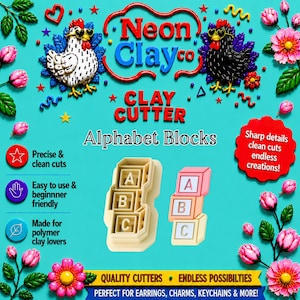 May include: A beige plastic alphabet block clay cutter set featuring A, B, and C letters. The image displays the cutter tool alongside three stacked square blocks in pink, orange, and cream colors, surrounded by decorative flowers and chickens.