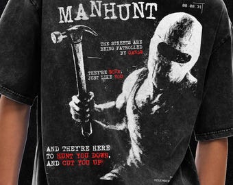 Vintage Manhunt Violent PS2-shirt: Y2K-gameshirt, oversized T-shirt met acid wash - 250 gsm, grunge en goth-streetwear, vintage gewassen T-shirt