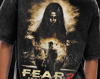 Fear 2 Origin retro horror grafisch T-shirt, oversized T-shirt met acid wash, 250 gsm, grunge en goth streetwear, gewassen vintage T-shirt