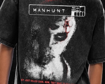 PS2-shirt klopjacht: vintage Y2K-horrorgameshirt, oversized T-shirt met acid wash - 250 gsm, grunge en goth streetwear, gewassen vintage T-shirt