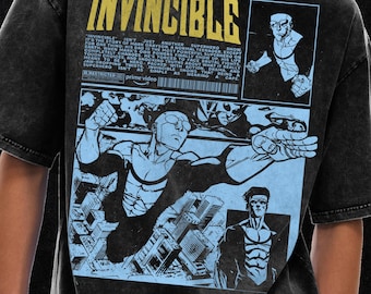 Shirt superheldenfilm, Omni-Man T-shirt, shirt Mark Grayson, shirt stripboek, oversized T-shirt met acid wash, 250 gsm, grunge en goth streetwear