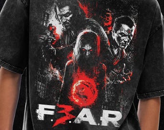Fear 3 retro horror graphic T-shirt, Y2K Goth-shirt, oversized T-shirt met acid wash, 250 gsm, grunge & Goth-streetwear, vintage gewassen T-shirt