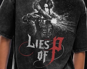 Lies Of P T-shirt cadeau voor gamer, Lies Of P Merch, oversized T-shirt met acid wash - 250 gsm, grunge en goth streetwear, vintage gewassen T-shirt