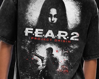 Fear 2 Project Origin Horror-graphic T-shirt, Y2K-T-shirt, oversized T-shirt met acid wash, 250 gsm, grunge & goth-streetwear, vintage gewassen T-shirt