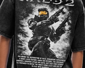 Master Chief-shirt, Halo 2-jubileumshirt, oversized T-shirt met acid wash - 250 gsm, grunge en goth streetwear, gewassen vintage T-shirt