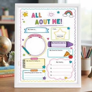Peut inclure: Une affiche encadrée en blanc intitulée ALL AOUT ME! avec des sections à remplir pour des détails personnels. Le design comprend des illustrations d'une étoile, d'un cœur, d'un arc-en-ciel, d'un crayon, d'un pastel, d'une part de pizza et d'une pomme.