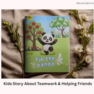 Puede incluir: Un libro infantil titulado "Pip the Panda" con un panda de dibujos animados sobre un fondo verde, un árbol y manzanas. La portada dice "Pip the panda" y "Kids Story About Teamwork & Helping Friends".