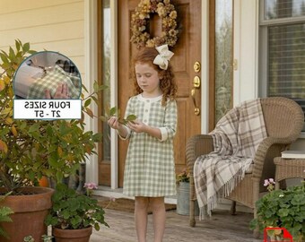 May include: A light green and white gingham dress with long sleeves and a round neckline. The dress features a button-down front and is worn with a white hair bow. A circular inset shows the fabric pattern and the text FOUR SIZES 2T-5T.