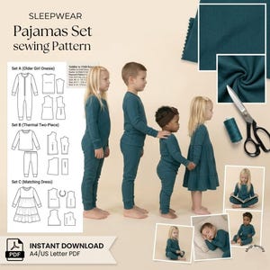 May include: A sewing pattern for children's pajamas. The image shows a teal-colored thermal fabric and illustrations of different pajama styles, including a onesie, two-piece set, and a dress. The text reads "SLEEPWEAR Pajamas Set sewing Pattern" and "INSTANT DOWNLOAD".