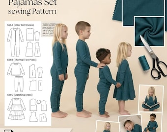 May include: A sewing pattern for children's pajamas. The image shows a teal-colored thermal fabric and illustrations of different pajama styles, including a onesie, two-piece set, and a dress. The text reads "SLEEPWEAR Pajamas Set sewing Pattern" and "INSTANT DOWNLOAD".