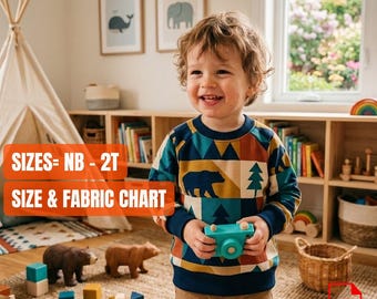 May include: A long-sleeve sweatshirt featuring a geometric pattern of dark blue bears and green pine trees on a tan and blue background. The garment is shown with text overlays stating SIZES= NB - 2T and SIZE & FABRIC CHART, plus a PDF icon.