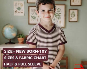May include: A short-sleeve v-neck t-shirt with horizontal brown and cream stripes. The shirt features dark brown trim on the neckline and sleeve cuffs. Text on the image reads: SIZE= NEW BORN-10Y, SIZES & FABRIC CHART, HALF & FULL SLEEVE.