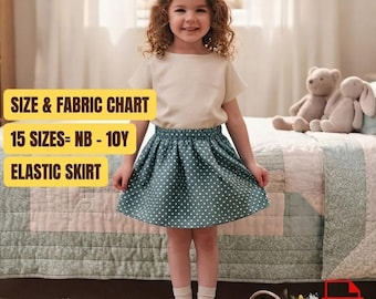 May include: A beige short-sleeved top and a dark green skirt with white polka dots and an elastic waistband. Text on the image reads: SIZE & FABRIC CHART, 15 SIZES= NB - 10Y, ELASTIC SKIRT. The skirt features a flared silhouette and a simple hem.