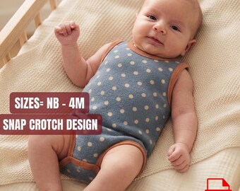 May include: A sleeveless baby bodysuit in blue with a white polka dot pattern and brown trim. The garment features a snap crotch design and is available in sizes NB - 4M. The bodysuit is worn by an infant lying on a textured cream-colored fabric.
