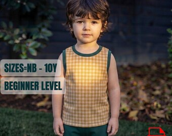 May include: A sleeveless top and shorts set featuring a tan and white gingham pattern with solid dark green trim. The text on the image reads SIZES=NB - 10Y and BEGINNER LEVEL. The outfit is designed for children and includes a PDF file format.