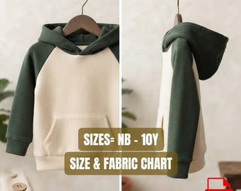 May include: A two-tone hoodie featuring a cream-colored body and dark green sleeves and hood. The garment includes a front kangaroo pocket and is displayed on a hanger. Text on the image reads SIZES= NB - 10Y and SIZE & FABRIC CHART.