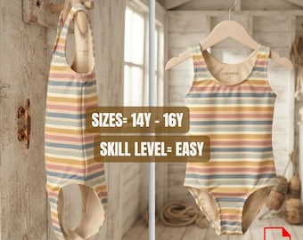 May include: A sleeveless one-piece swimsuit featuring horizontal stripes in muted shades of yellow, blue, pink, and cream. The garment is displayed on a wooden hanger and includes text stating SIZES= 14Y - 16Y and SKILL LEVEL= EASY.