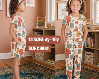 May include: A short-sleeved jumpsuit with a cream base featuring a multi-colored abstract pattern of green, orange, and black shapes and leaves. The garment includes a round neckline, side pockets, and a headband with a bow. Text reads 13 SIZES: 4y - 16y.