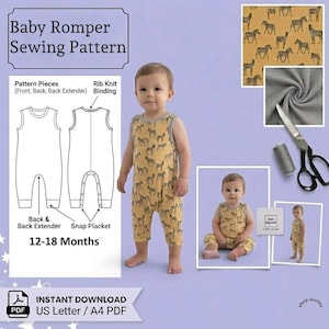 May include: A baby wearing a yellow romper with a zebra print. The image also shows a sewing pattern for a baby romper, fabric swatches, scissors, and thread. The pattern is for sizes 12-18 months.
