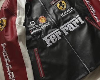 Handmade Vintage 90s Ferrari F1 Racing Leather Jacket , Black and Red Biker Jacket, Embroidered Racing Patch Moto Jacket Gift For Him/Her