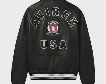 Handmade Mens Avirex Cowhide Geniune Leather Avirex Bomber Real Leather Jacket Black Avirex Leather Jacket Black Jacket