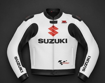 Handmade Suzuki White Motorcycle Cowhide Leather Jacket, Designer Biker Jacket Motorbike Jacket Biker Suzuki Racing Jacket