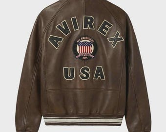 Handmade Mens Avirex Cowhide Geniune Leather Avirex Bomber Real Leather Jacket Brown Avirex Leather Jacket Brown Jacket