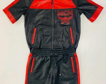 Handmade MCM Leather Suit  MCM Men Biker Leather Leather Suit With Leather Hat Leather Suit MCM Leather shorts and jacket