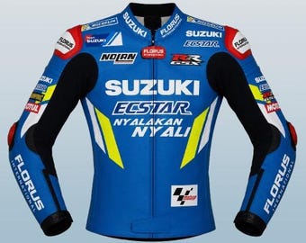 Giacca da motociclista Suzuki Ecstar blu in pelle bovina, realizzata a mano, giacca da motociclista di design, giacca da moto, giacca da corsa Suzuki blu