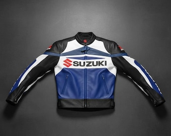 Handmade Suzuki Blue Motorcycle Cowhide Leather Jacket, Designer Biker Jacket Motorbike Jacket Biker Suzuki Blue Racing Jacket