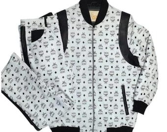 Handmade MCM Leather Suit  MCM Men Biker Leather Suit MCM Leather Suit With Leather Hat White Leather Suit