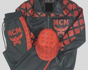 Handmade MCM Leather Suit  MCM Men Biker Leather Suit MCM Leather Suit With Leather Hat Red Leather Suit