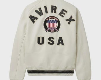 Handmade Mens Avirex Cowhide Geniune Leather Avirex Bomber Real Leather Jacket White Avirex Leather Jacket White Jacket