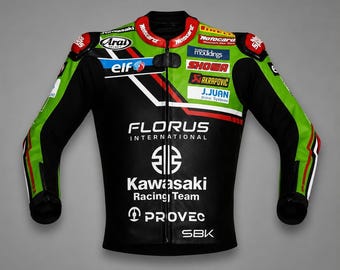Giacca da motociclista Kawasaki in pelle bovina fatta a mano, giacca da motociclista di design, giacca da motociclista Kawasaki