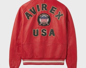Handmade Mens Avirex Cowhide Geniune Leather Avirex Bomber Real Leather Jacket Red Avirex Leather Jacket Red Jacket